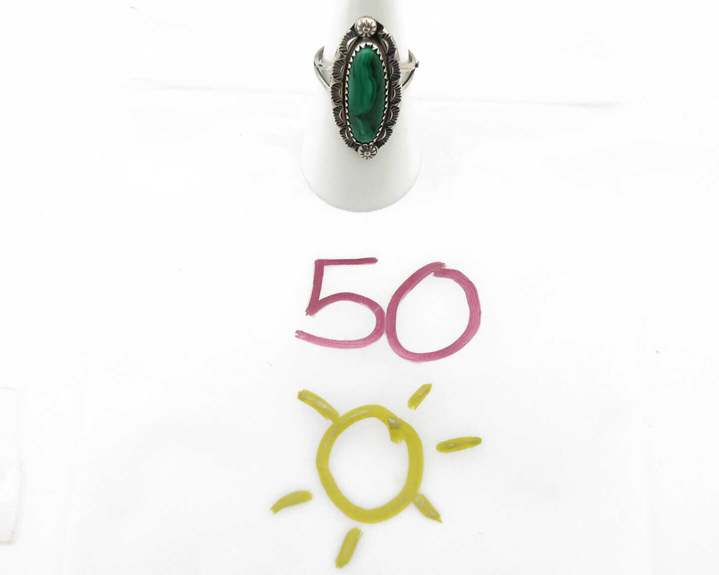 Navajo Ring 925 Silver Natural Malachite Artist Native American Signed H C.80's