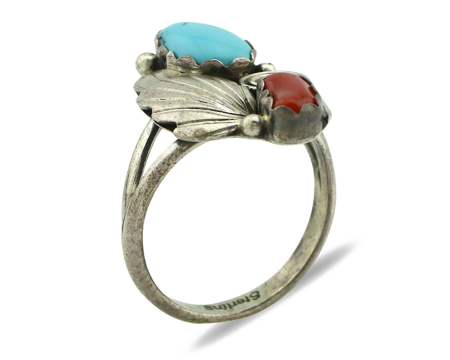 Navajo Ring .925 Silver Turquoise & Coral Native American Artist C.1980's
