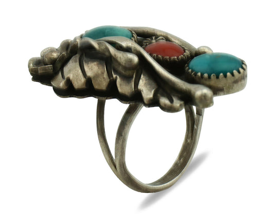 Navajo Ring .925 Silver Turquoise & Coral Native American Artist C.1980's