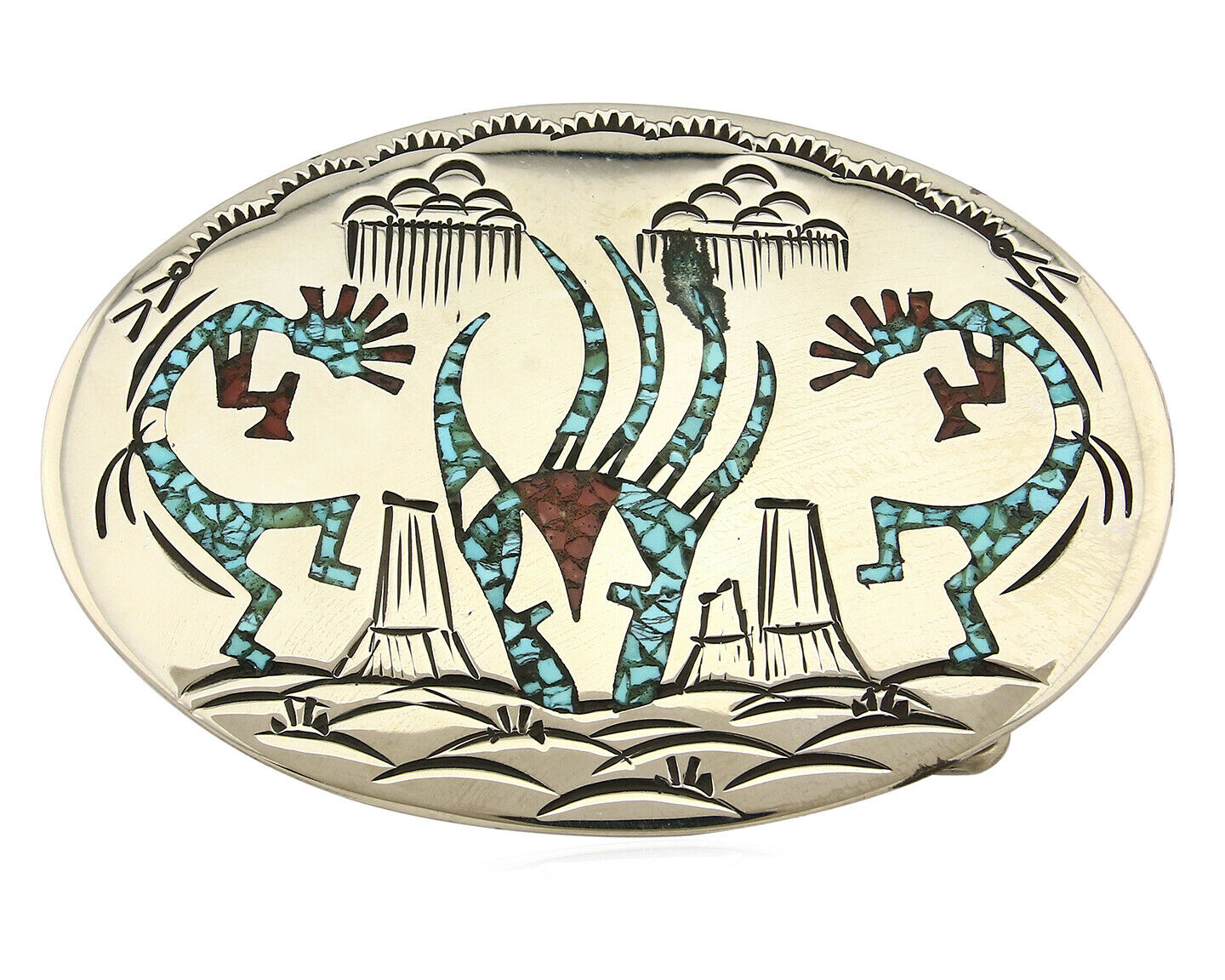 Navajo Belt Buckle .999 Nickle Silver Turquoise Coral Signed SD C.80's