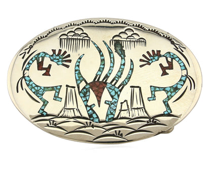 Navajo Belt Buckle .999 Nickle Silver Turquoise Coral Signed SD C.80's