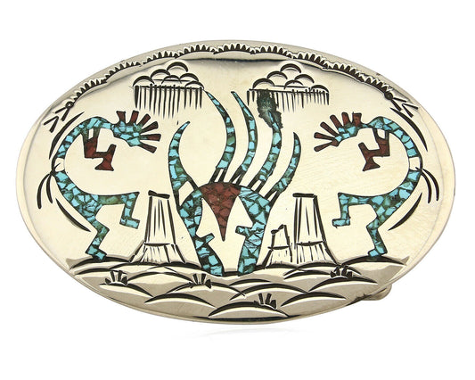 Navajo Belt Buckle .999 Nickle Silver Turquoise Coral Signed SD C.80's