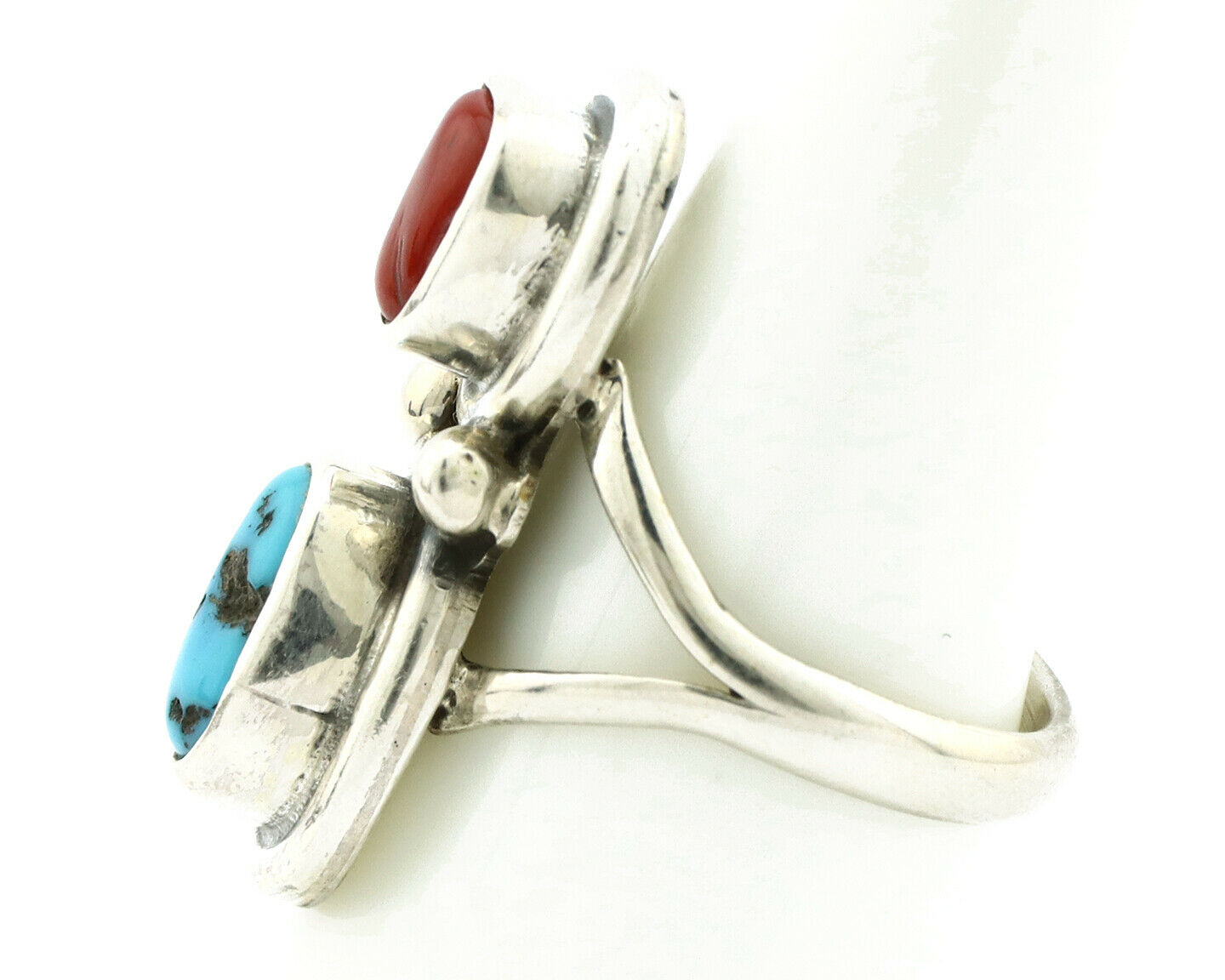 Navajo Ring .925 Silver Red Coral & Blue Turquoise Native Artist C.80's