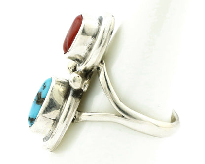 Navajo Ring .925 Silver Red Coral & Blue Turquoise Native Artist C.80's