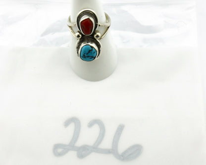 Navajo Ring .925 Silver Red Coral & Blue Turquoise Native Artist C.80's