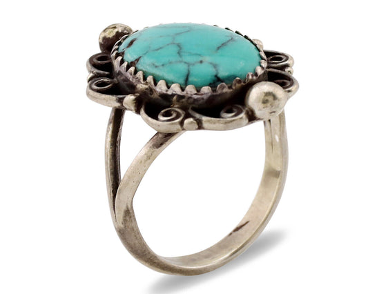 Navajo Ring .925 Silver Spiderweb Turquoise Artist Signed TALHAT C.80's