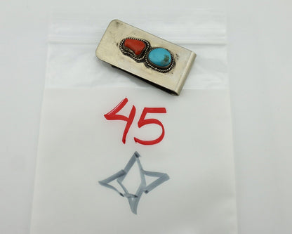 Navajo Money Clip 925 Silver & 999 Nickel Natural Turquoise & Coral Artist C80