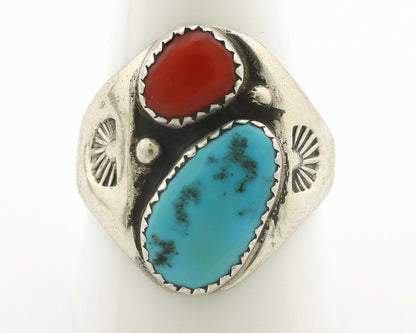 Zuni Ring .925 Silver Natural Turquoise & Coral Native American Artist C.1980's