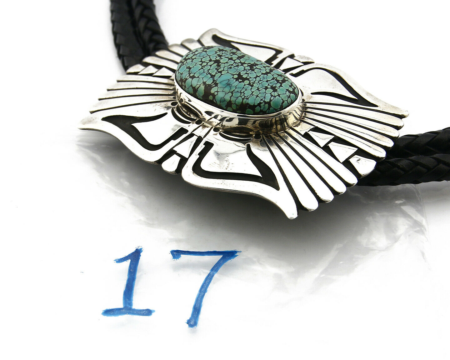 Navajo Turquoise Bolo Tie .925 Silver Spiderweb Turquoise Artist Signed J Billie