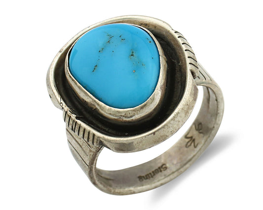 Navajo Ring .925 Silver Blue Gem Turquoise Native American Artist C.80's