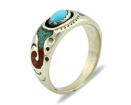 Navajo Handmade Ring 925 Silver Blue Turquoise & Coral Native American C.80's