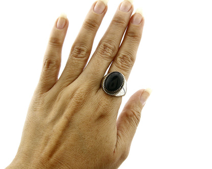 Women's Navajo Ring .925 SOLID Silver Hand Stamped Black Onyx Circa 1980's