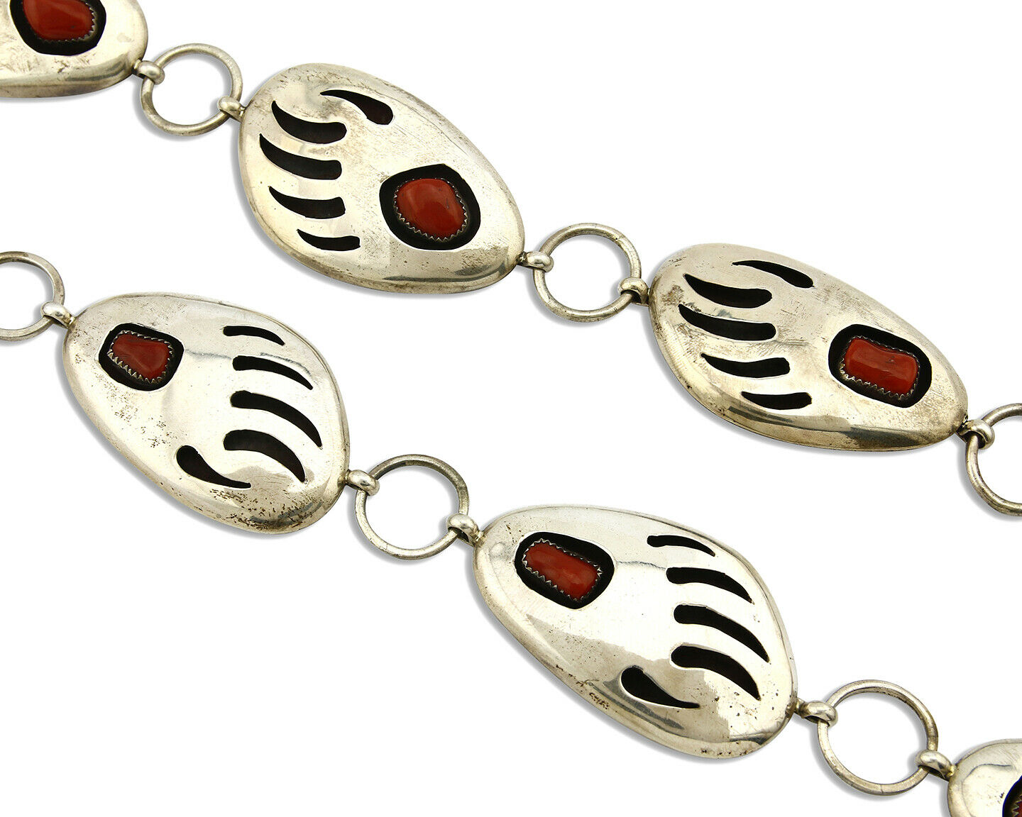 Navajo Bear Paw Concho Belt .925 Silver Red Coral Signed E. Redhorse C.80's