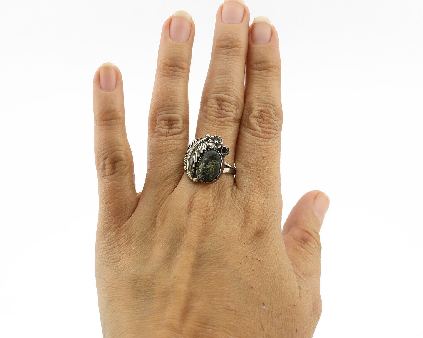 Navajo Ring .925 Silver Spiderweb Turquoise Handmade Native American Artist C80s