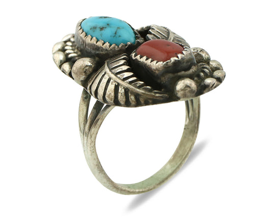 Navajo Ring .925 Silver Turquoise & Coral Artist Signed Thomas Singer C.80's