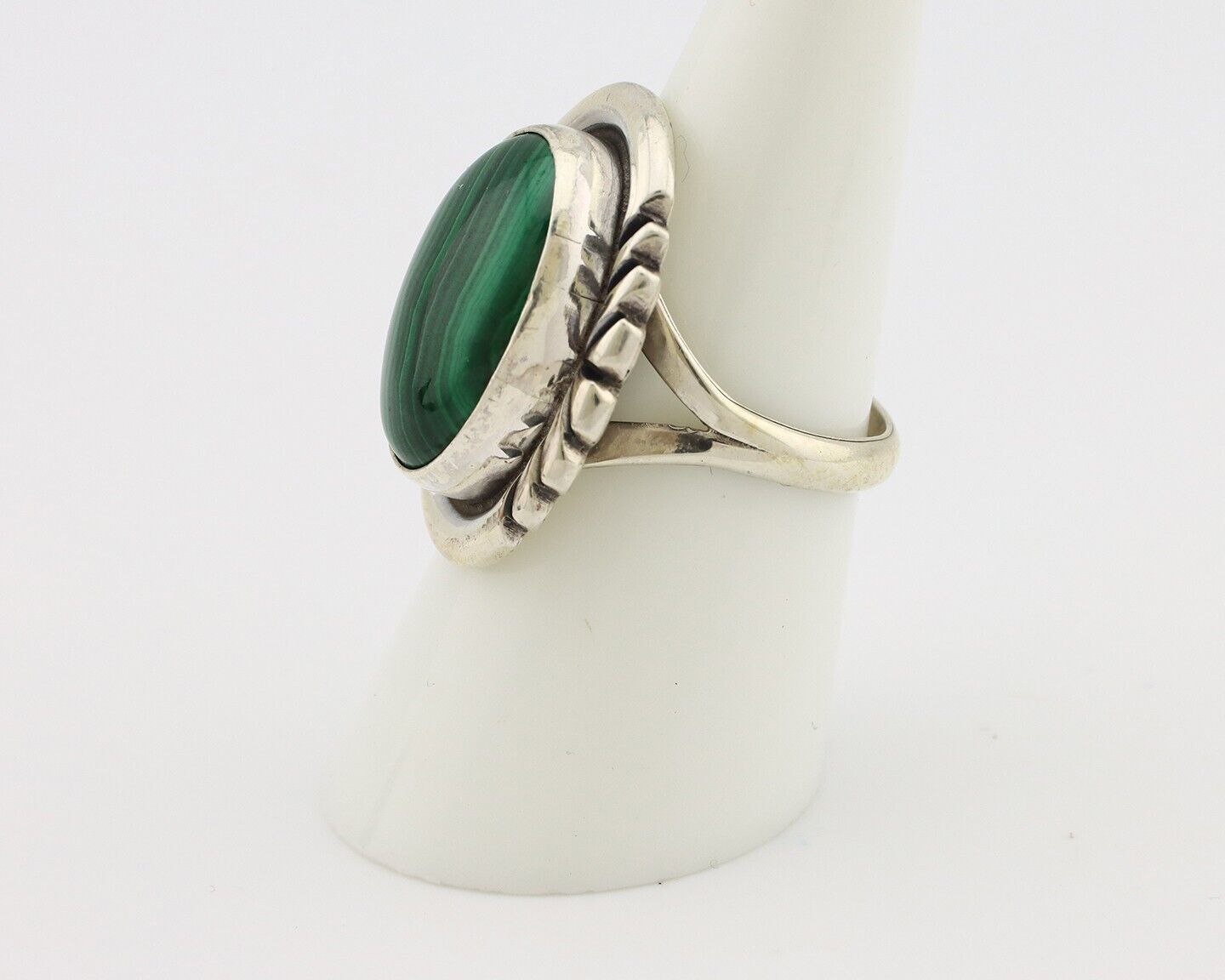 Navajo Ring 925 Silver Hand Stamped Natural Malachite Artist Signed NAKAI C.80's