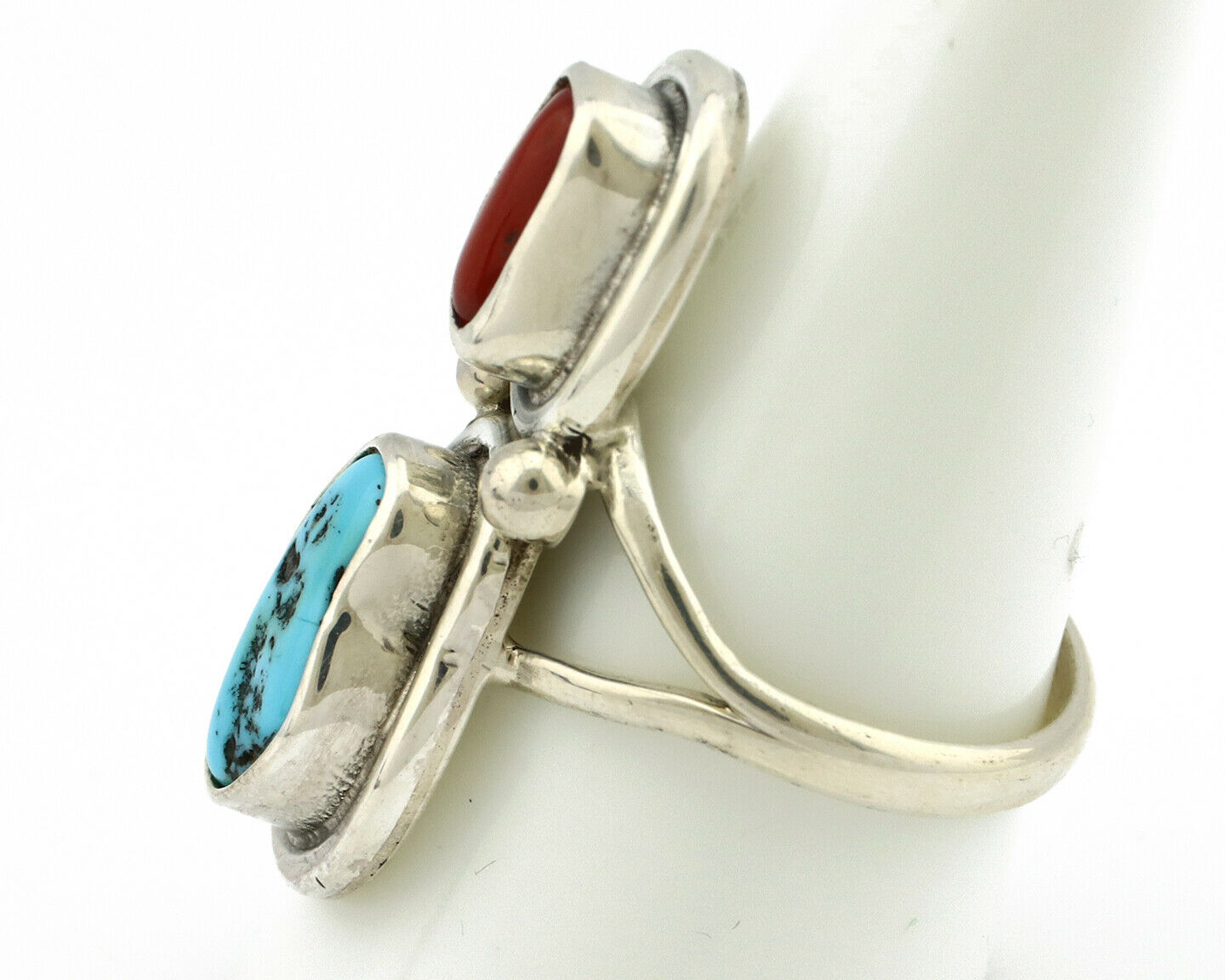 Navajo Ring .925 Silver Red Coral & Blue Turquoise Native Artist C.80's