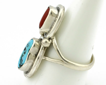 Navajo Ring .925 Silver Red Coral & Blue Turquoise Native Artist C.80's