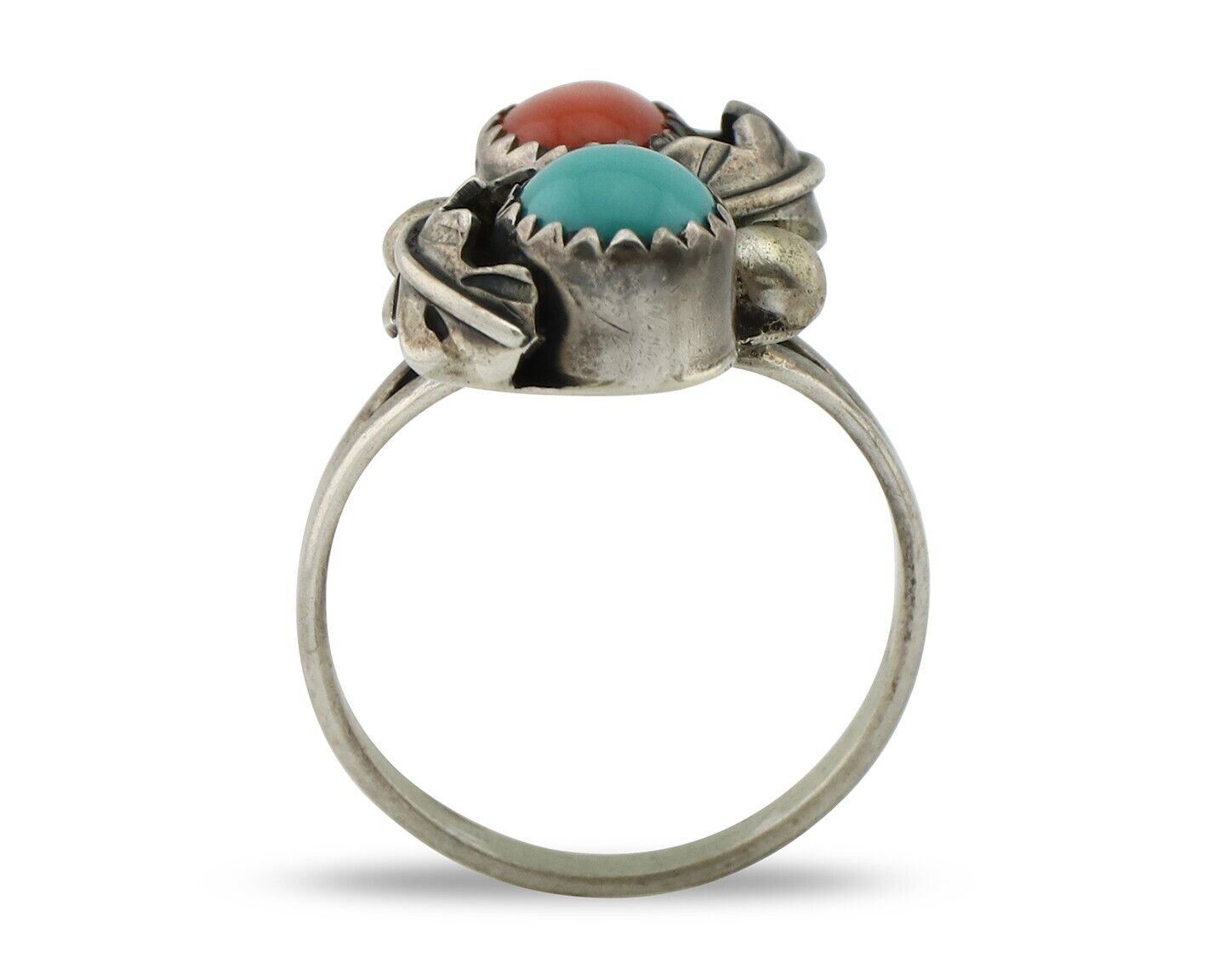 Navajo Handmade Ring 925 Silver Turquiose & Coral Native American Artist C.80's
