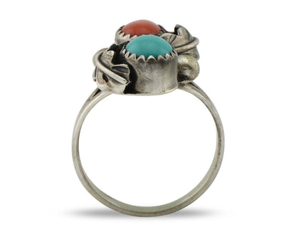 Navajo Handmade Ring 925 Silver Turquiose & Coral Native American Artist C.80's