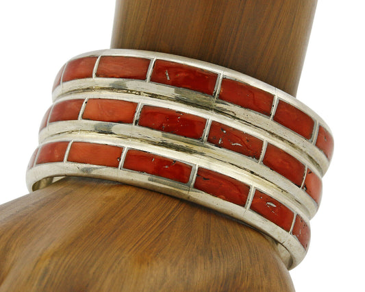 Women's Zuni Bracelet Inlaid Coral .925 Silver 3 Row Natural Mined C.80's