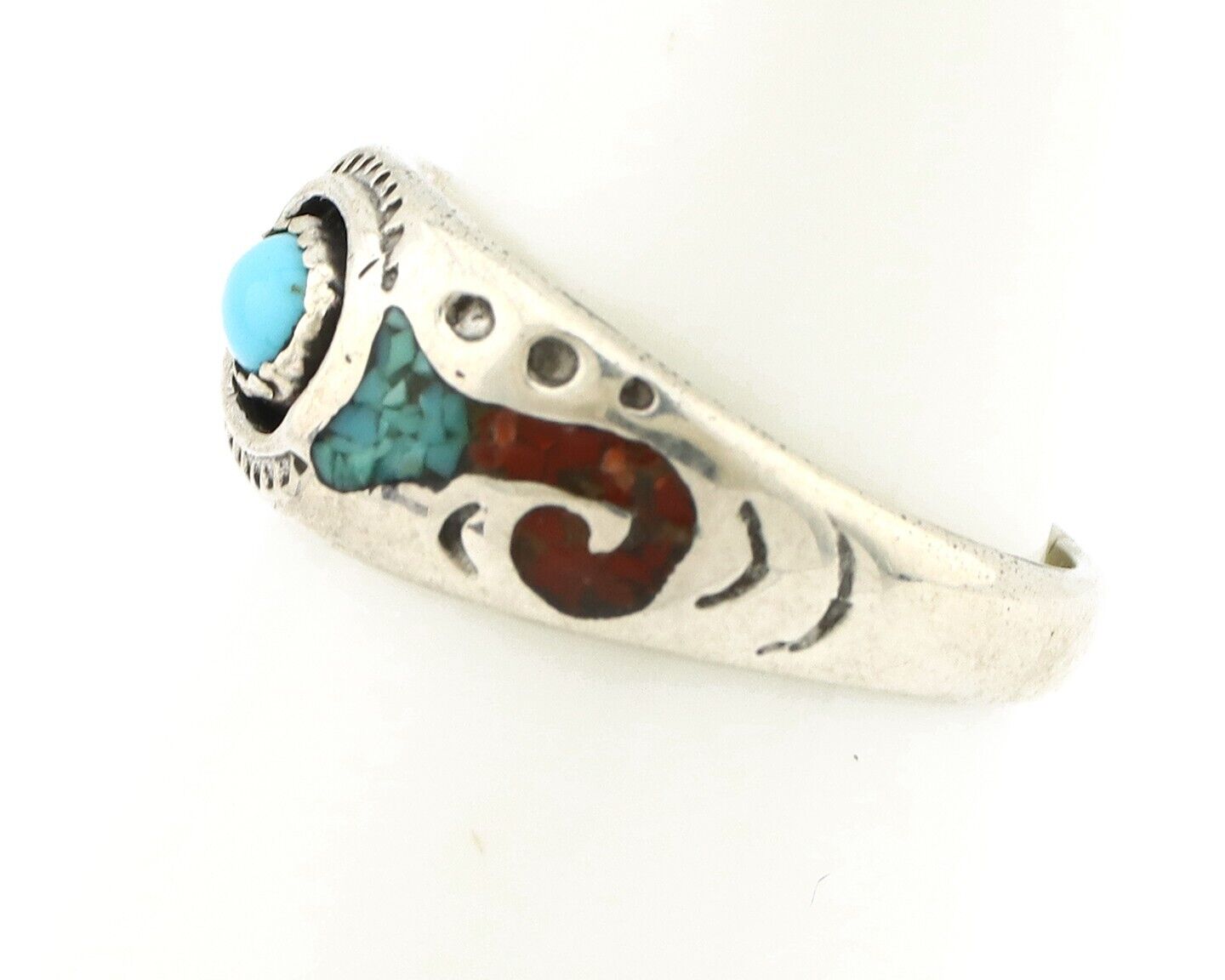 Navajo Handmade Ring 925 Silver Blue Turquoise & Coral Native American C.80's