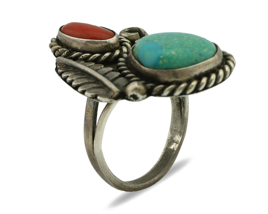 Navajo Ring .925 Silver Turquoise & Coral Native American Artist C.1975's