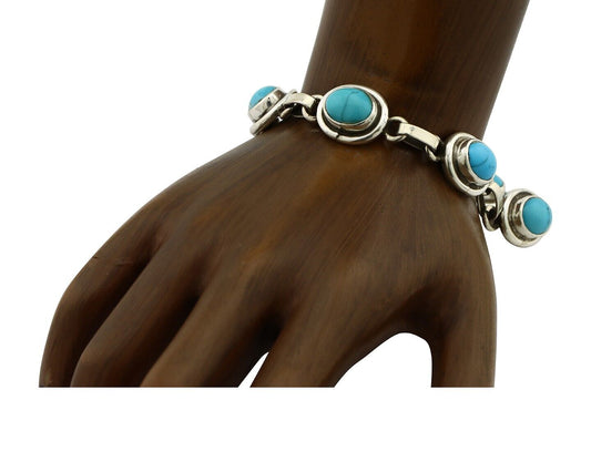 Navajo Link Bracelet .925 Silver Blue Turquoise Native American Artist C.80's