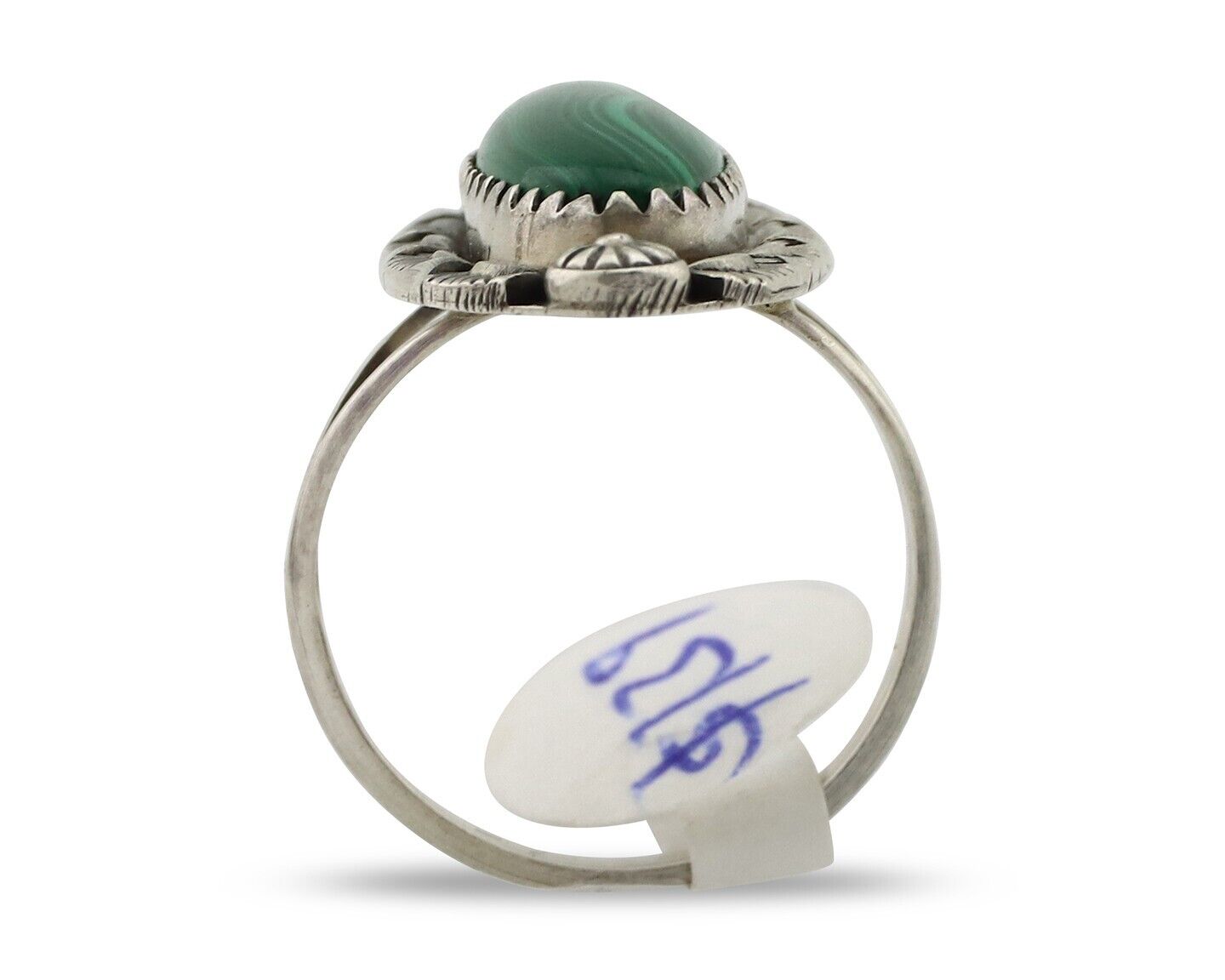 Navajo Ring .925 Silver Malachite Hand Stamped Signed Herman Lee C.80's