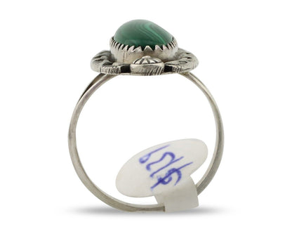 Navajo Ring .925 Silver Malachite Hand Stamped Signed Herman Lee C.80's
