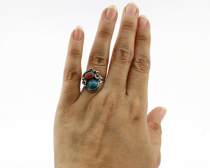 Navajo Ring .925 Silver Morenci Turquoise & Coral Native Artist Signed JM C.80's