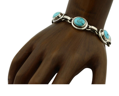 Navajo Link Bracelet .925 Silver Blue Turquoise Native American Artist C.80's