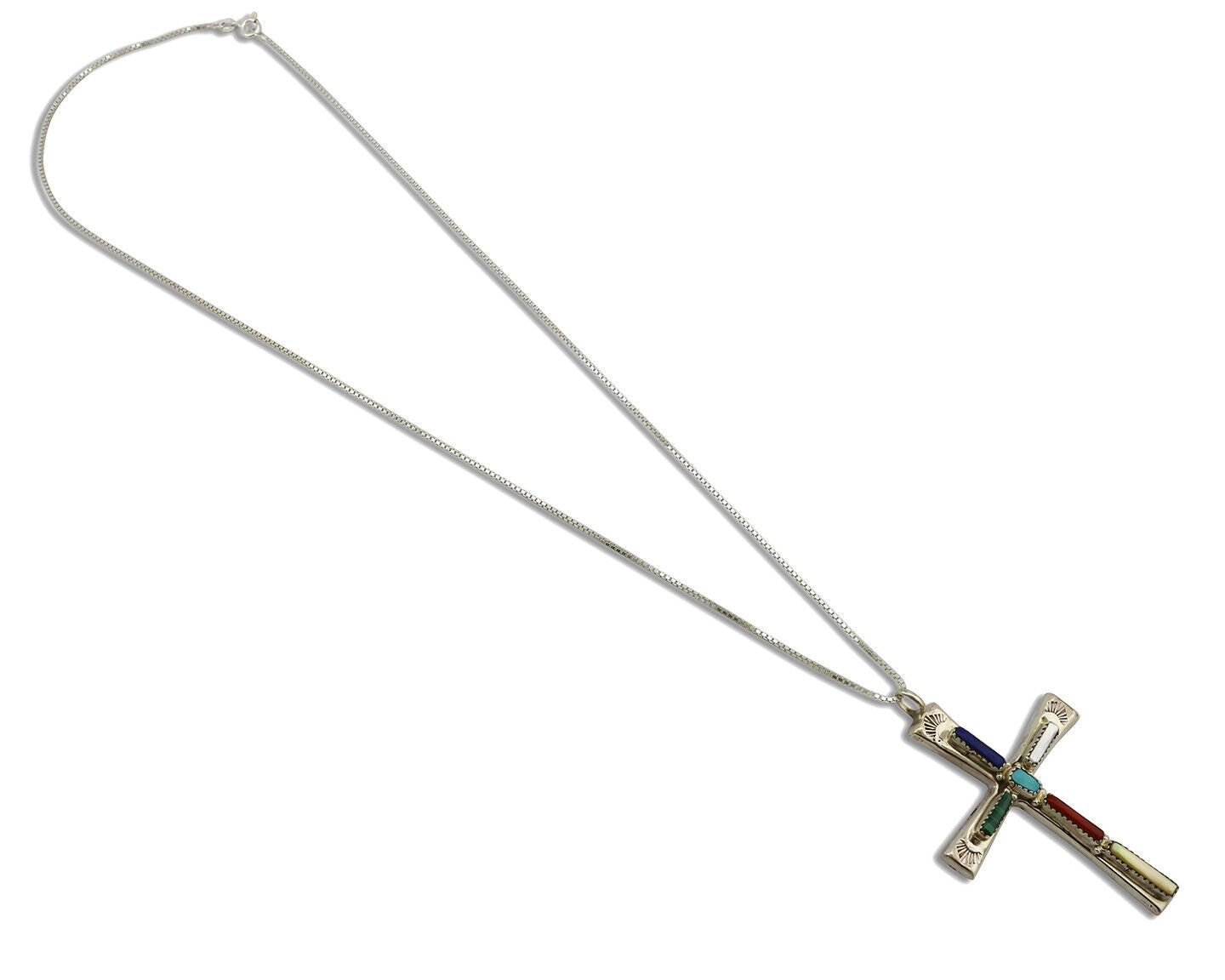 Zuni Handmade Cross Necklace 925 Silver Natural Gemstone Signed L. IULE C.80's