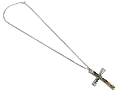 Zuni Handmade Cross Necklace 925 Silver Natural Gemstone Signed L. IULE C.80's