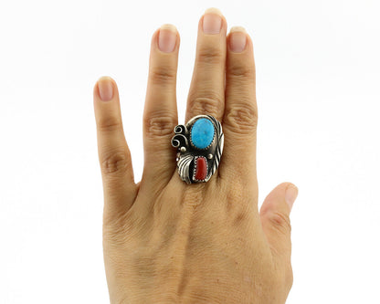 Navajo Ring 925 Silver Turquoise & Coral Artist Signed Native American C.80s