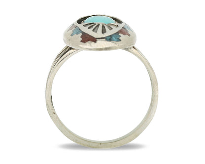 Navajo Ring 925 Silver Turquoise & Coral Signed Circle JW C.80s