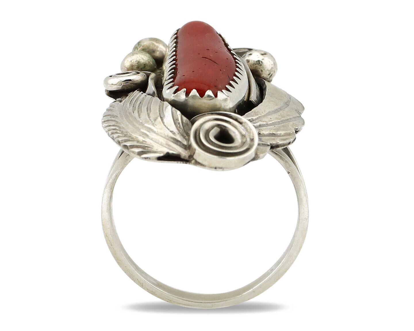 Navajo Ring 925 Silver Mediterranean Coral Artist Signed Justin Morris C.80's