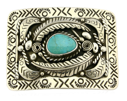 Navajo Belt Buckle .925 Silver Morenci Turquoise Artist Signed Tipi C.80's