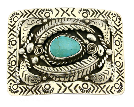 Navajo Belt Buckle .925 Silver Morenci Turquoise Artist Signed Tipi C.80's