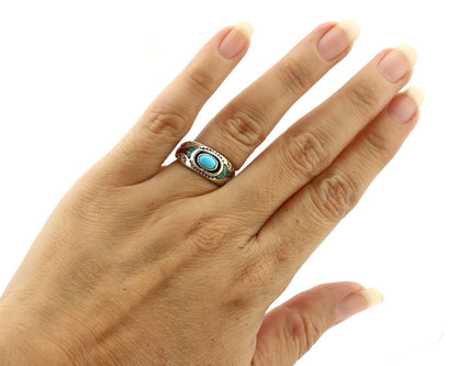 Navajo Handmade Ring 925 Silver Blue Turquoise & Coral Native American C.80's
