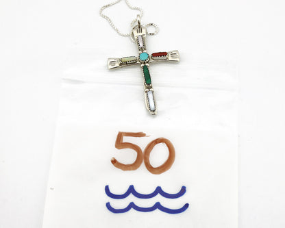 Zuni Handmade Cross Necklace 925 Silver Natural Gemstone Signed L. IULE C.80's