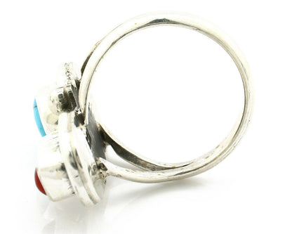 Navajo Ring .925 Silver Red Coral & Blue Turquoise Native Artist C.80's