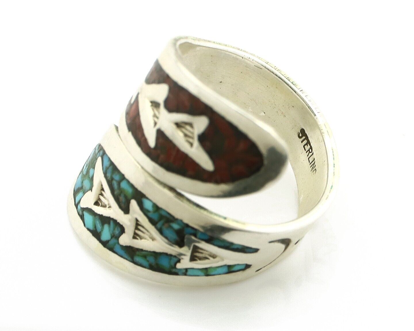 Navajo Chip Inlay Ring 925 Silver Turquoise & Coral Artist Native Artist C.80's