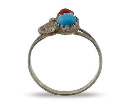 Navajo Handmade Ring 925 Silver Turquiose & Coral Native American Artist C.80's