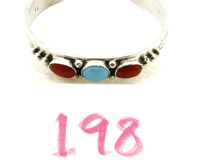Navajo Bracelet .925 Silver Coral Turquoise Cuff Signed L. James C.80's