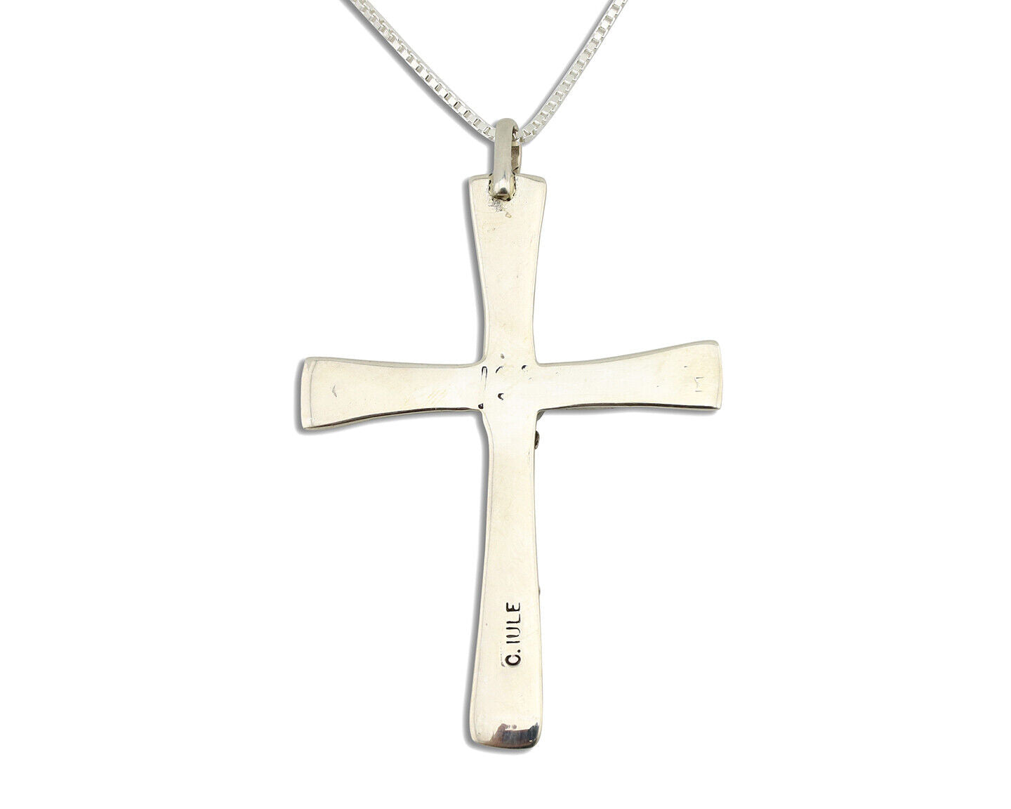 Zuni Handmade Cross Necklace 925 Silver Natural Gemstone Signed C. IULE C.80's