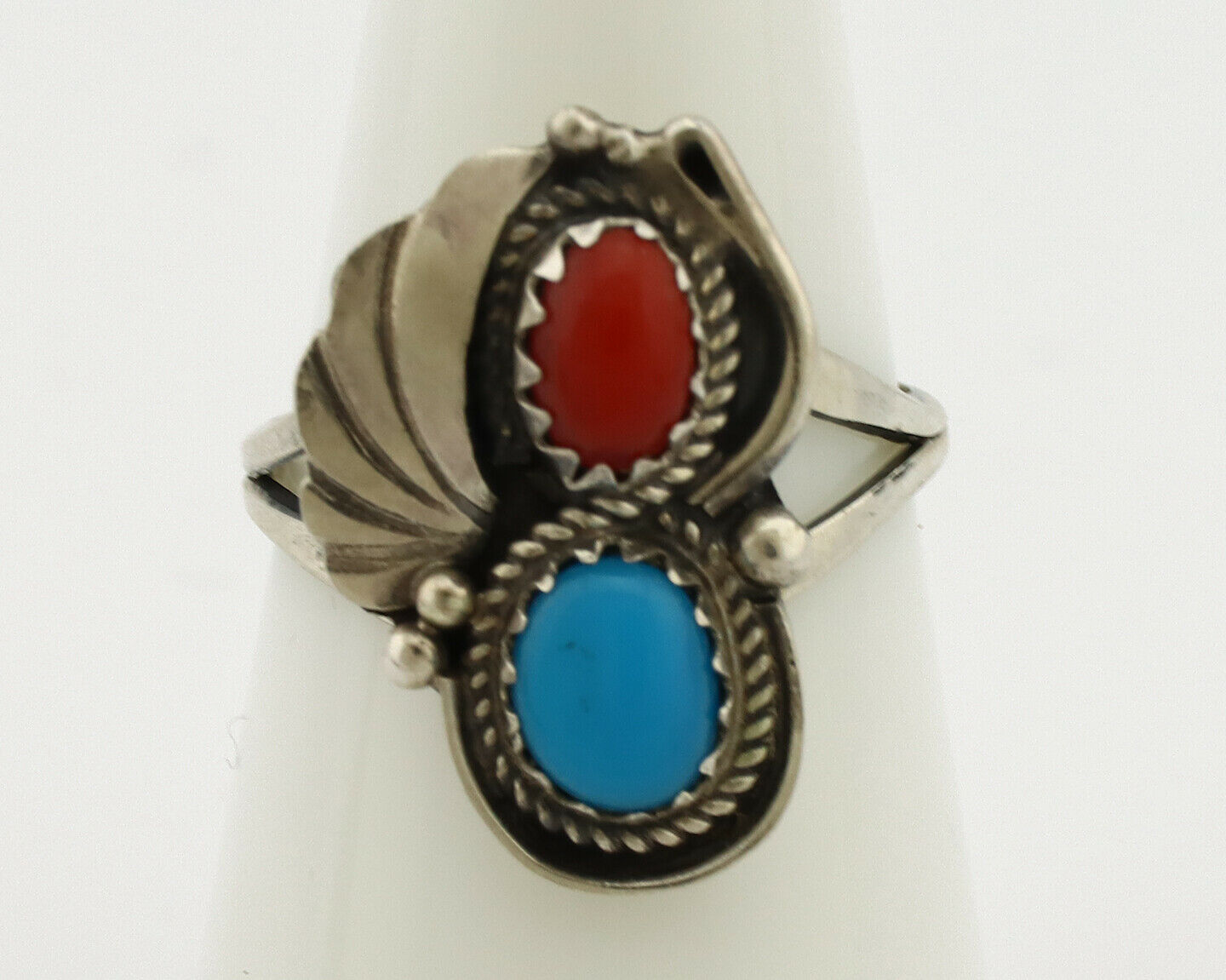 Navajo Ring .925 Silver Morenci Turquoise & Coral Native Artist Signed JM C.80's