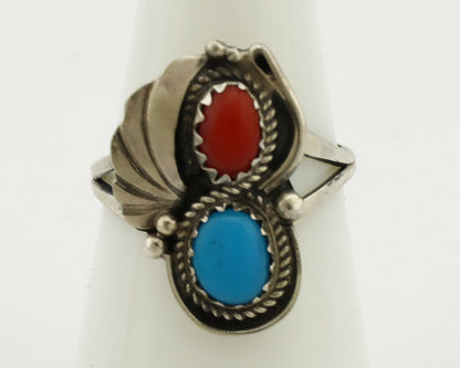 Navajo Ring .925 Silver Morenci Turquoise & Coral Native Artist Signed JM C.80's