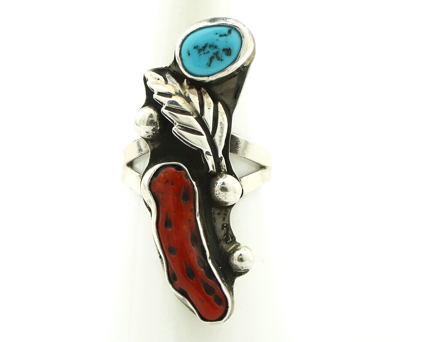 Navajo Ring 925 Silver Coral & Sleeping Beauty Turquoise Native Artist C.80's