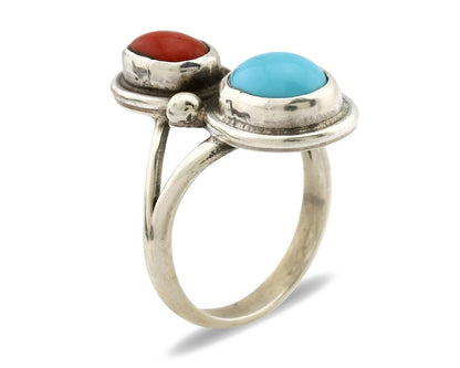 Navajo Handmade Ring 925 Silver Coral & Turquoise Native American Artist C.80's